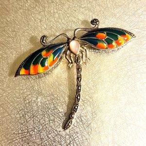 Dragonfly Pin Inlaid Turquoise, Pink Quartz, Orange, Yellow, Sterling Silver
